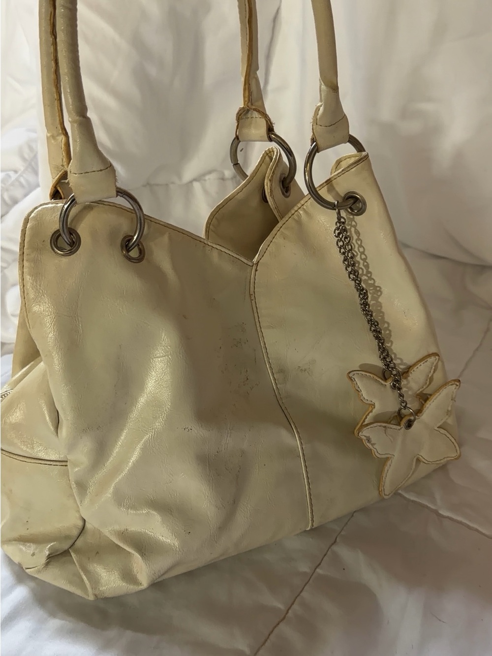 Cream Leather Tote Bag with Floral Charm